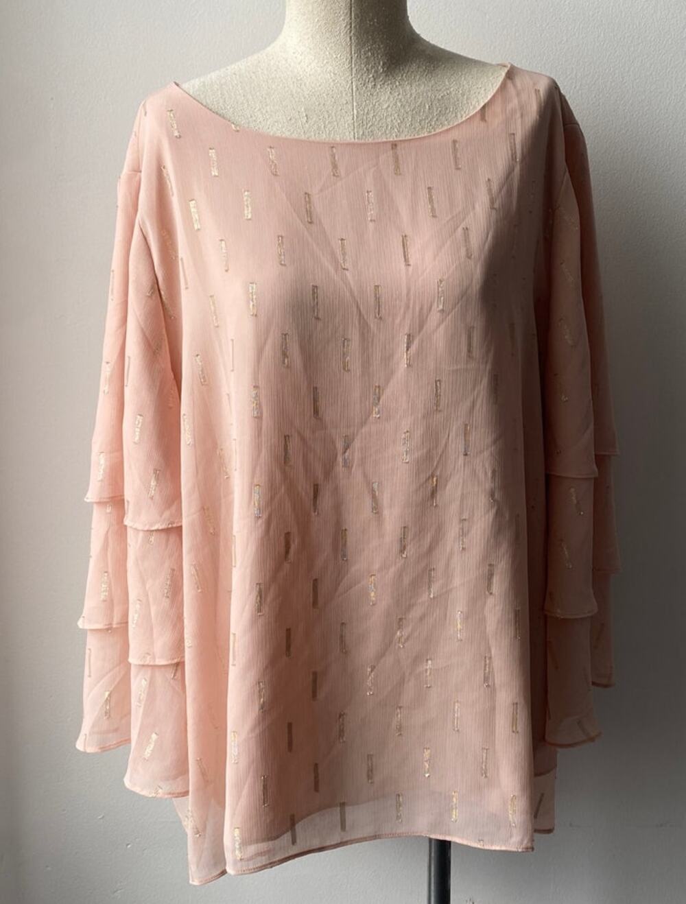Chicos Pink Gold Ruffle Top Women XL Romantic Boho Fairy Festival Whimsical Sz 3